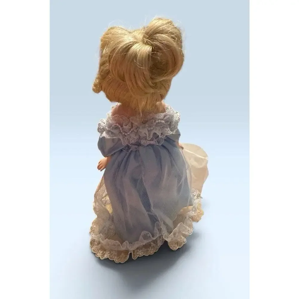 Vintage Porcelain Doll Blonde Curly Hair Blue Dress Lace White Shoes